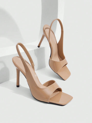 Women's burgundy open toe high heel sandals featuring an embossed finish and slingback strap