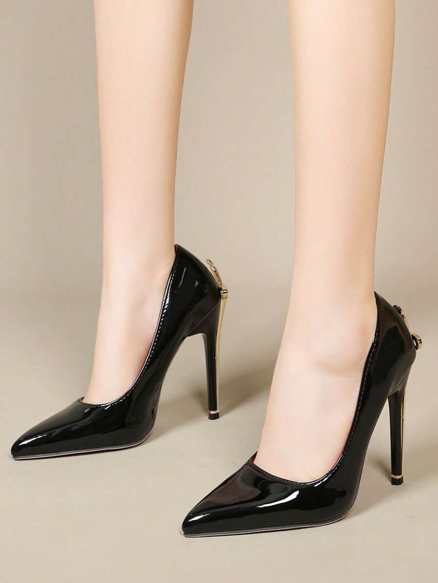 Glossy black pointed toe stiletto high heel pumps with bow detail for women