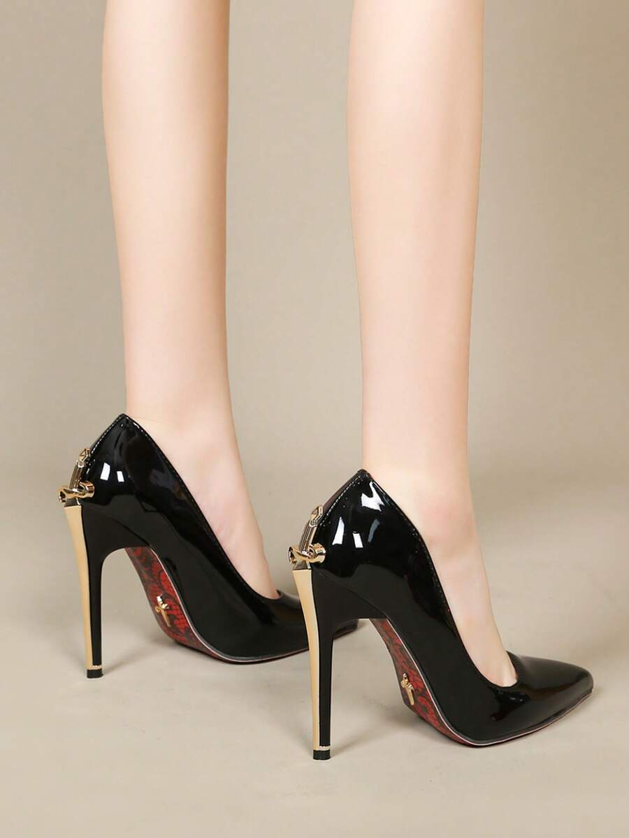 Glossy black pointed toe stiletto high heel pumps with bow detail for women