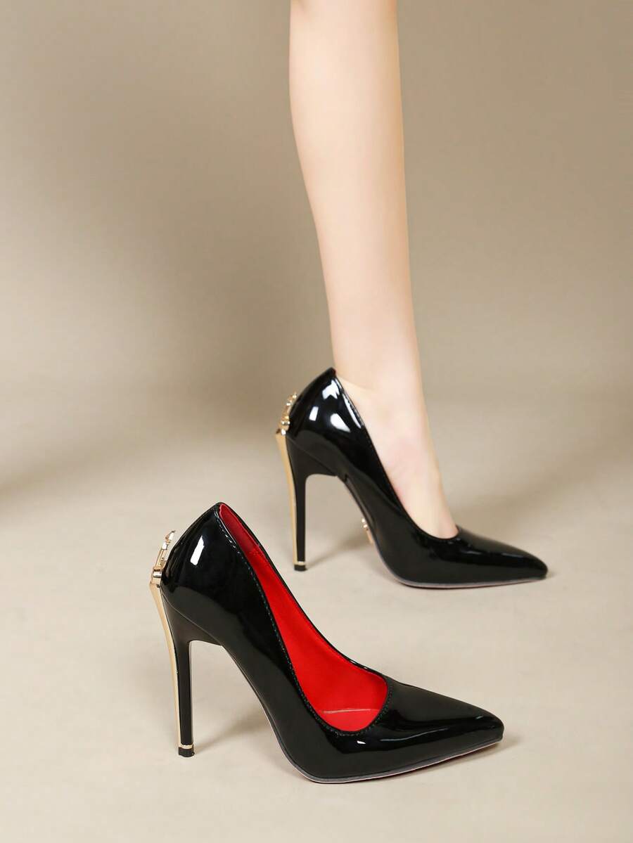 Glossy black pointed toe stiletto high heel pumps with bow detail for women