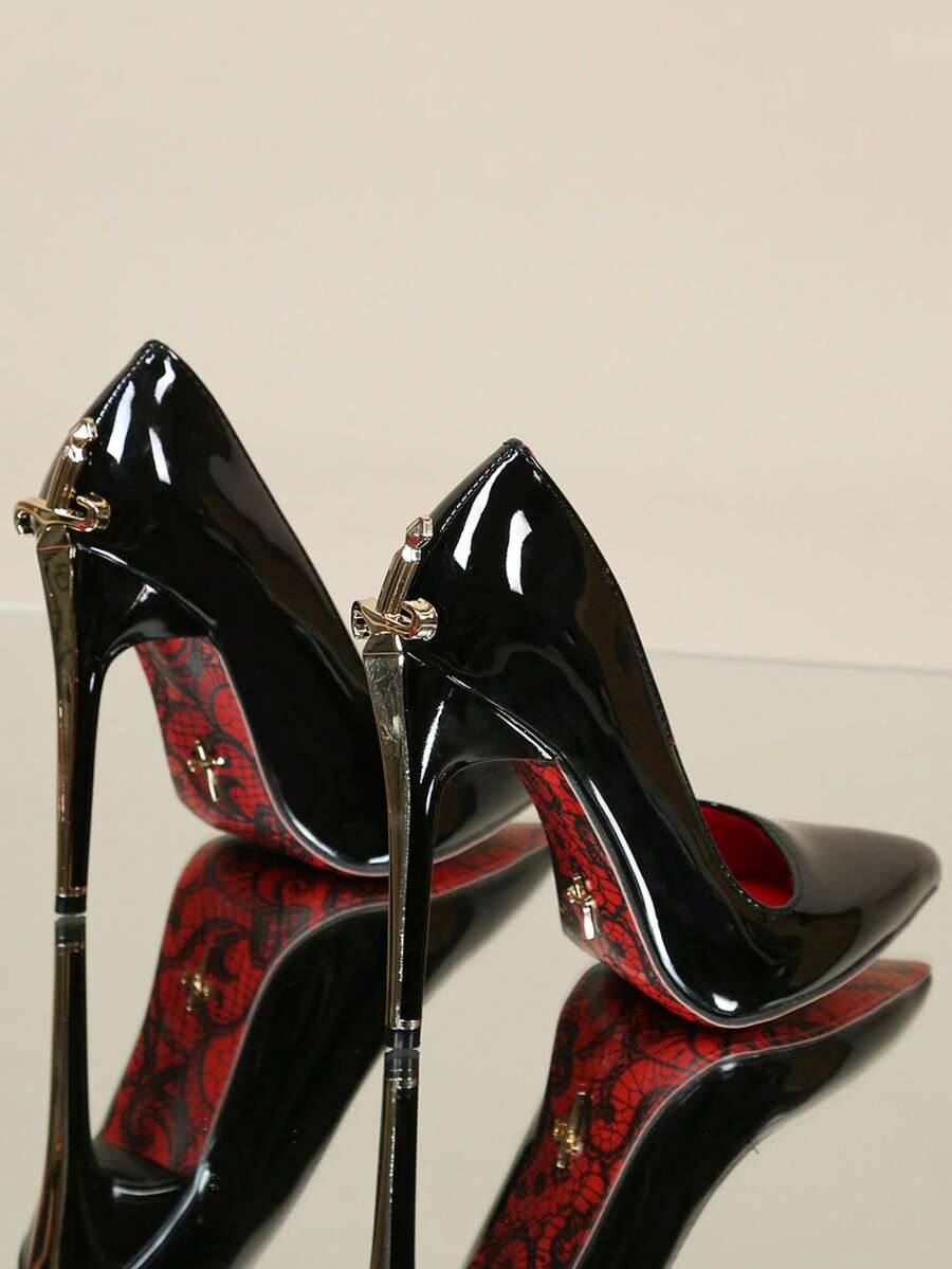 Glossy black pointed toe stiletto high heel pumps with bow detail for women