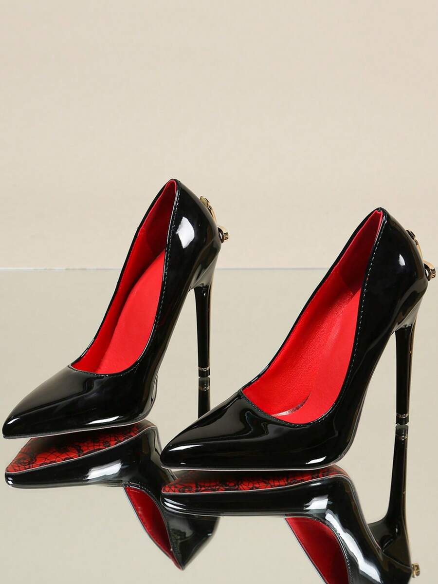 Glossy black pointed toe stiletto high heel pumps with bow detail for women