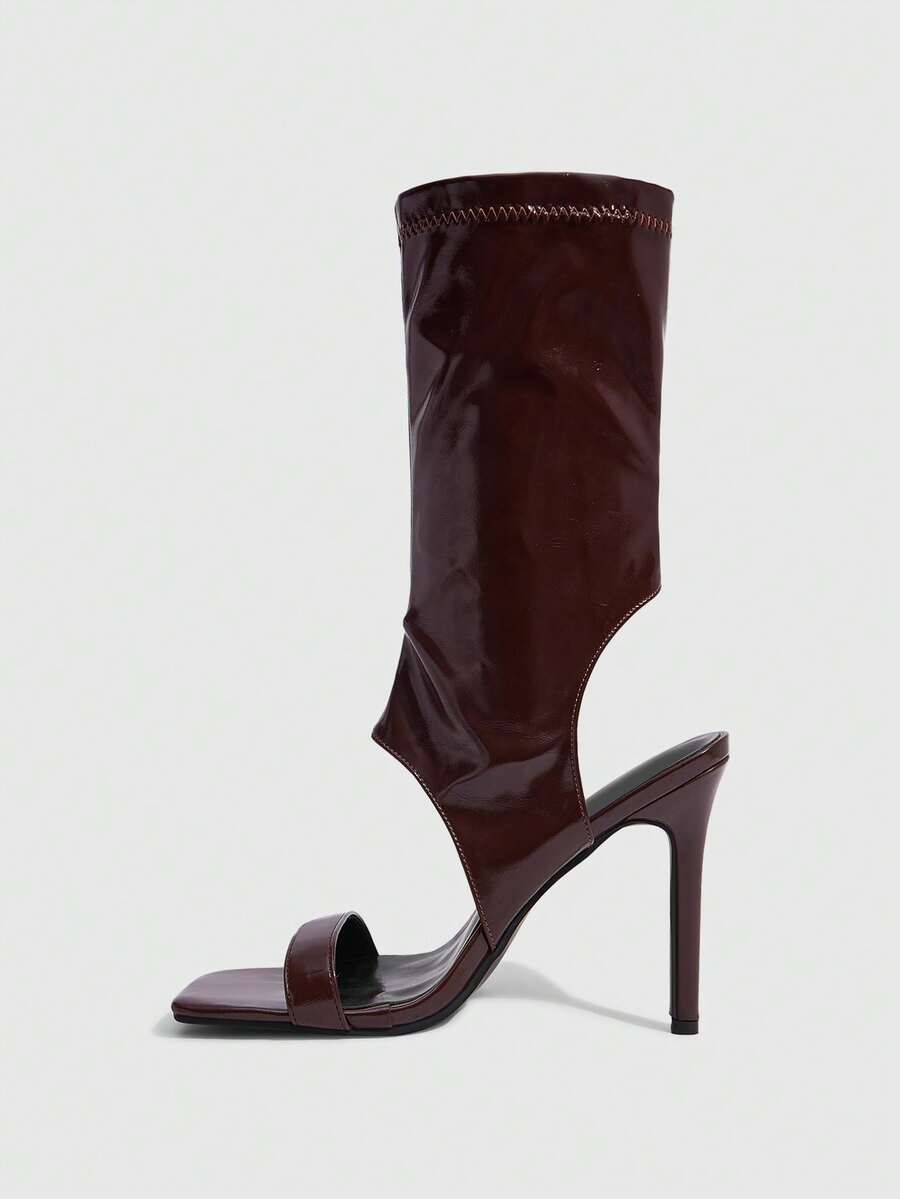 Square toe open-toed high-heeled boots sandals in smooth PU leather with sleeve design and stiletto heels