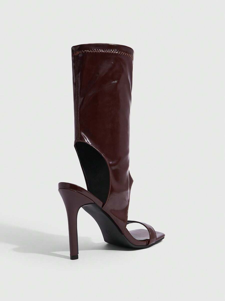 Square toe open-toed high-heeled boots sandals in smooth PU leather with sleeve design and stiletto heels