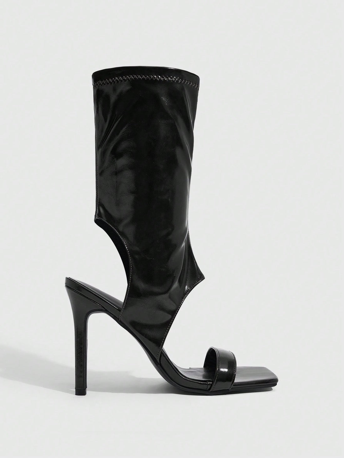 Square toe open-toed high-heeled boots sandals in smooth PU leather with sleeve design and stiletto heels