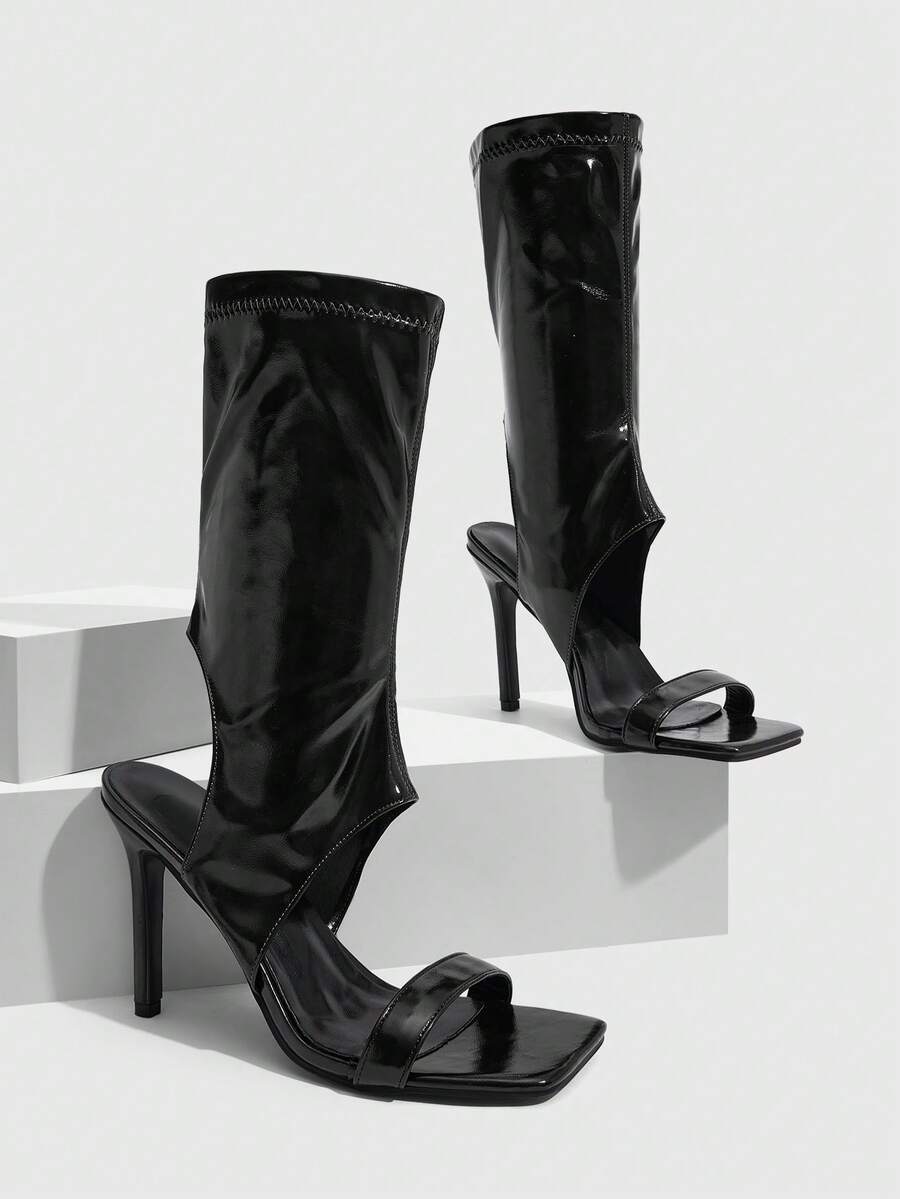 Square toe open-toed high-heeled boots sandals in smooth PU leather with sleeve design and stiletto heels