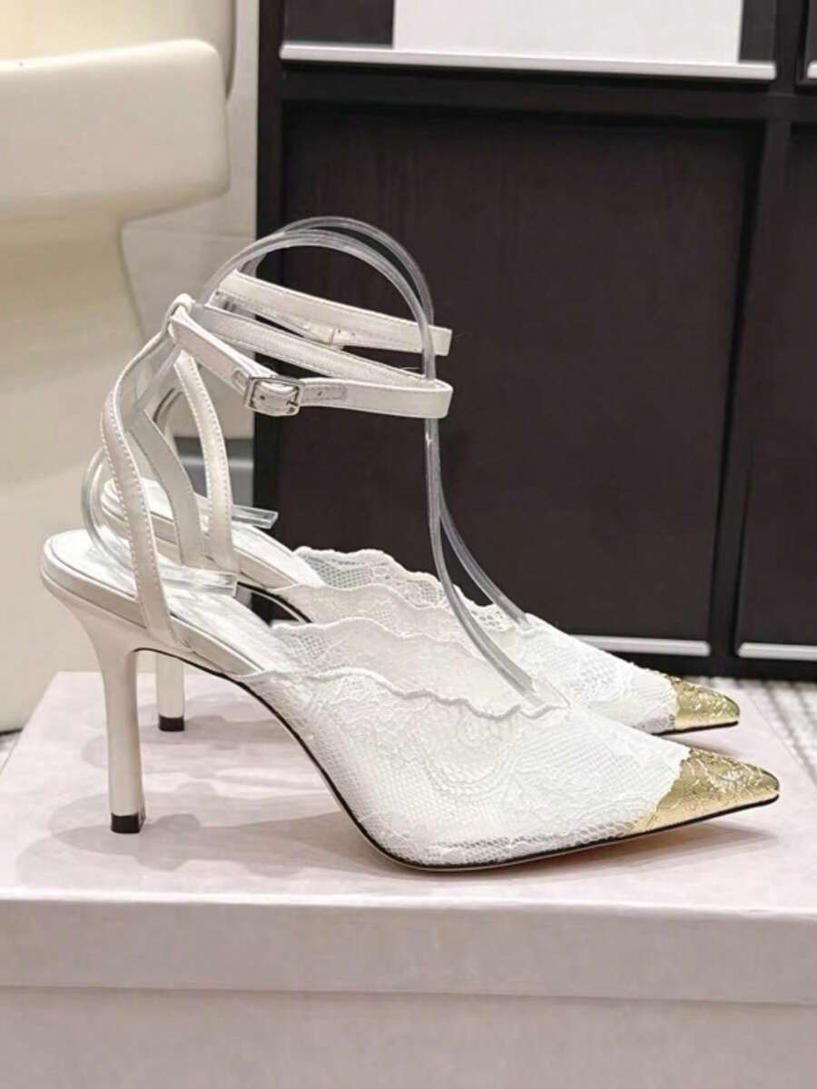 Lace pointed toe stiletto heel sandal pumps featuring mesh detailing, high slender heels, and an adjustable ankle buckle strap.