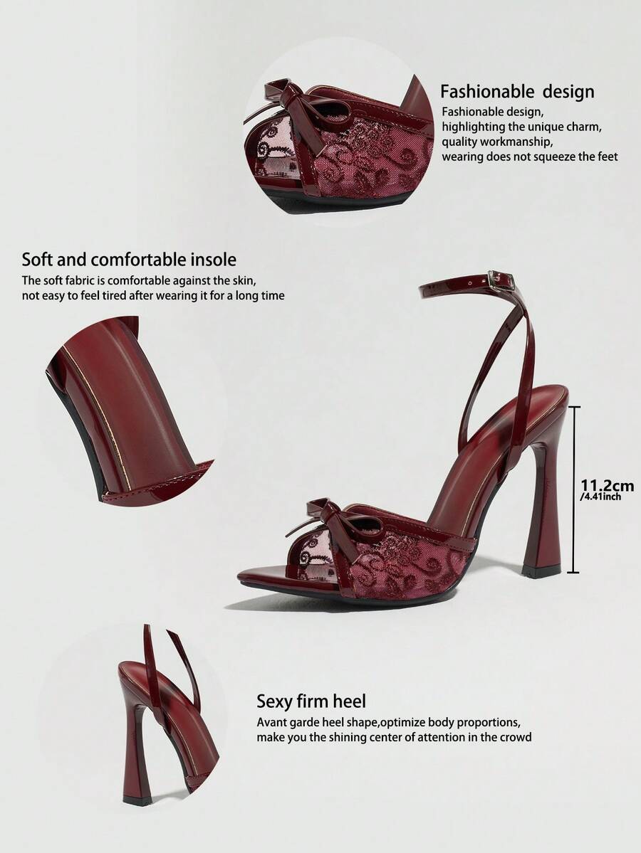 Burgundy open-toe high heels featuring an adjustable ankle strap with buckle closure and high stiletto heel.