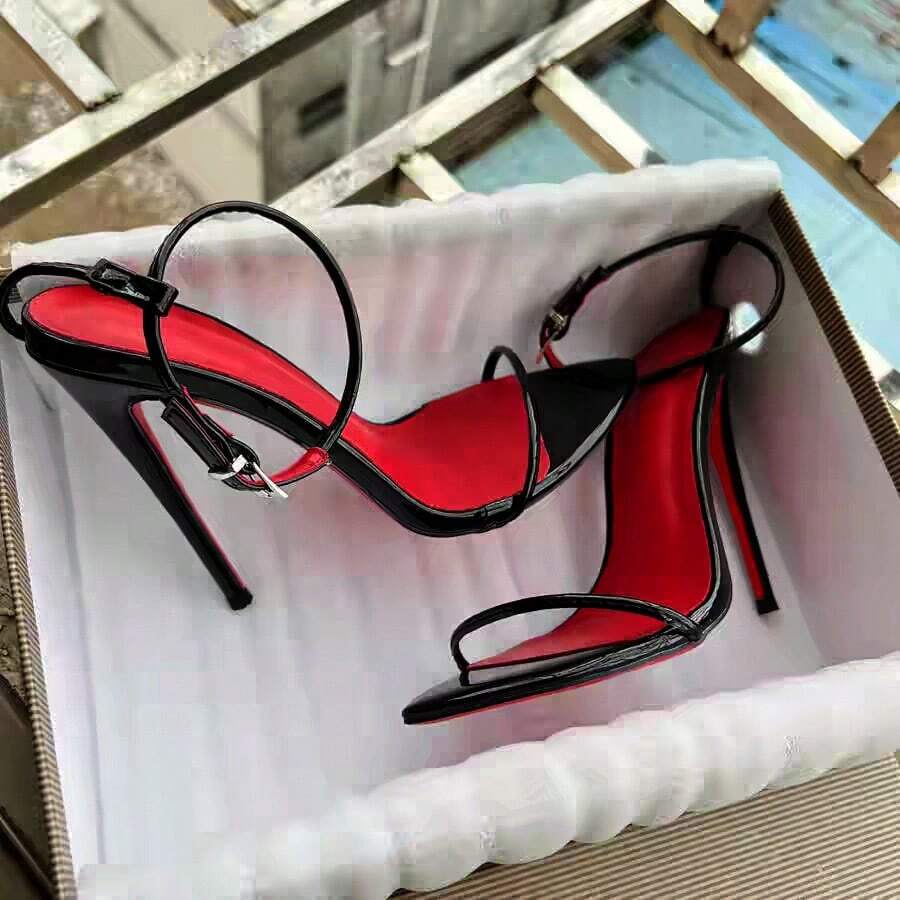 Women's black open toe thin high heel sandals with button strap and red bottom sole
