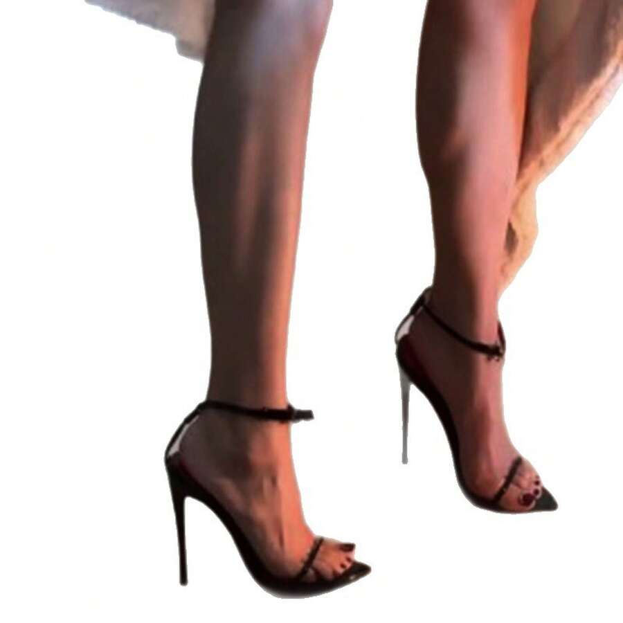 Women's black open toe thin high heel sandals with button strap and red bottom sole
