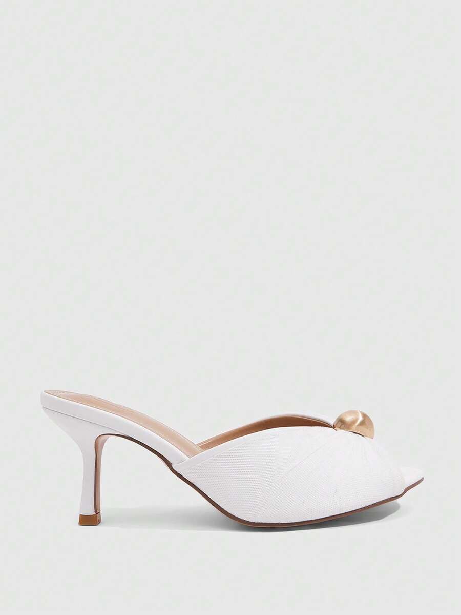 Pair of women's open toe kitten heel sandals and mules in sleek PU leather with rubber soles.