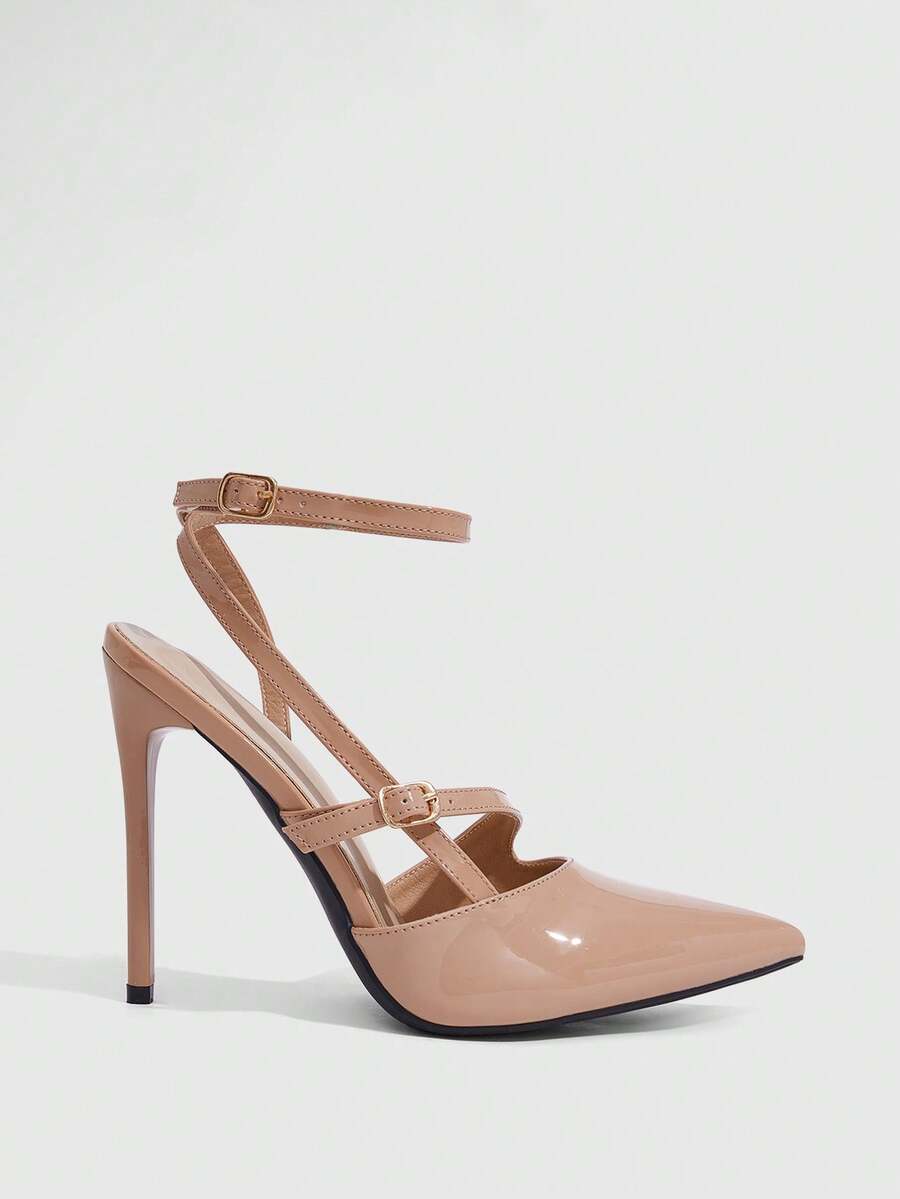 Pointed toe stiletto high heels with slingback silhouette and adjustable buckle ankle strap.