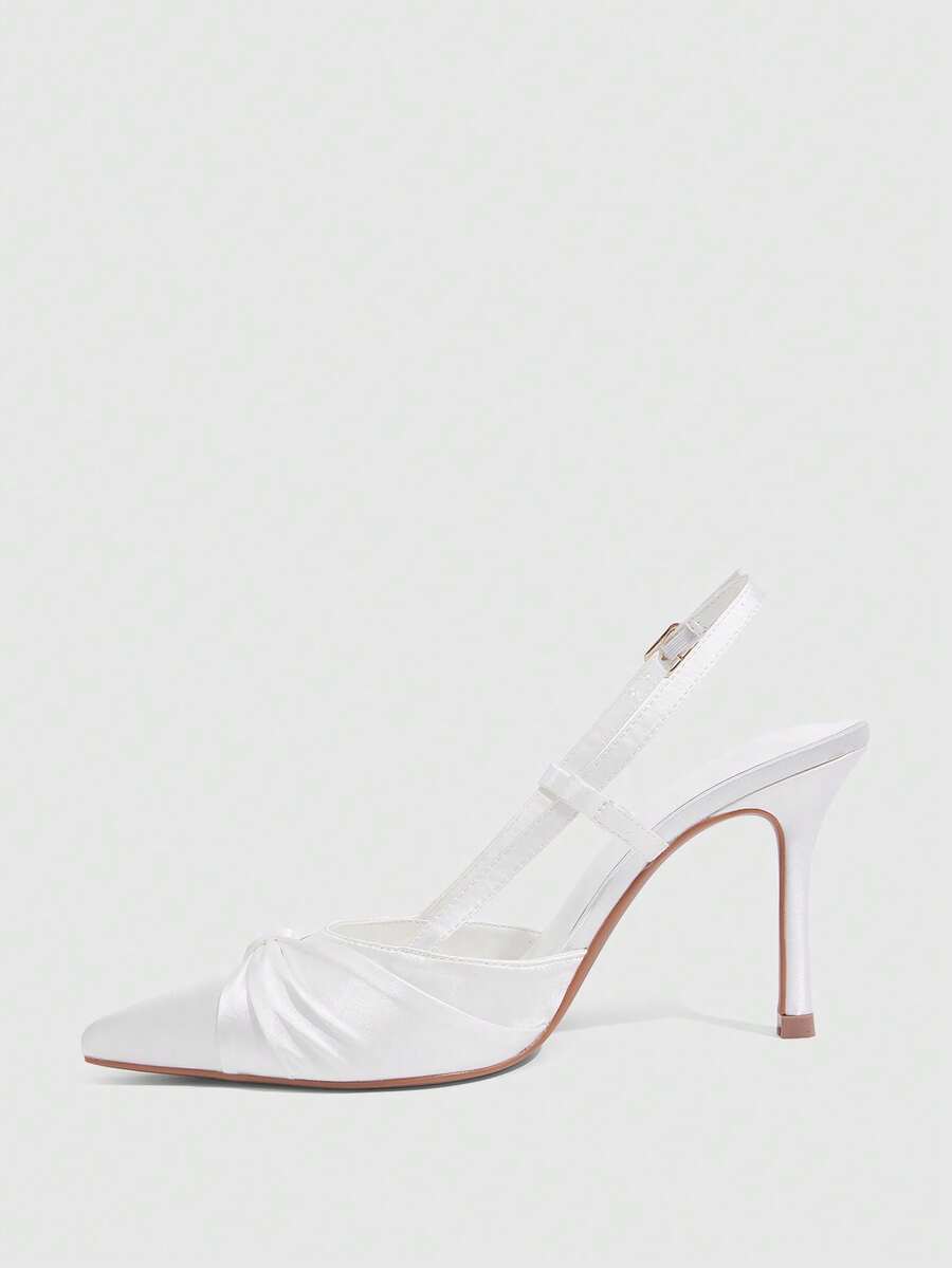 Women's pointed toe high heel slingback shoes featuring a stylish front twist detail, stiletto heel, and adjustable ankle buckle strap.