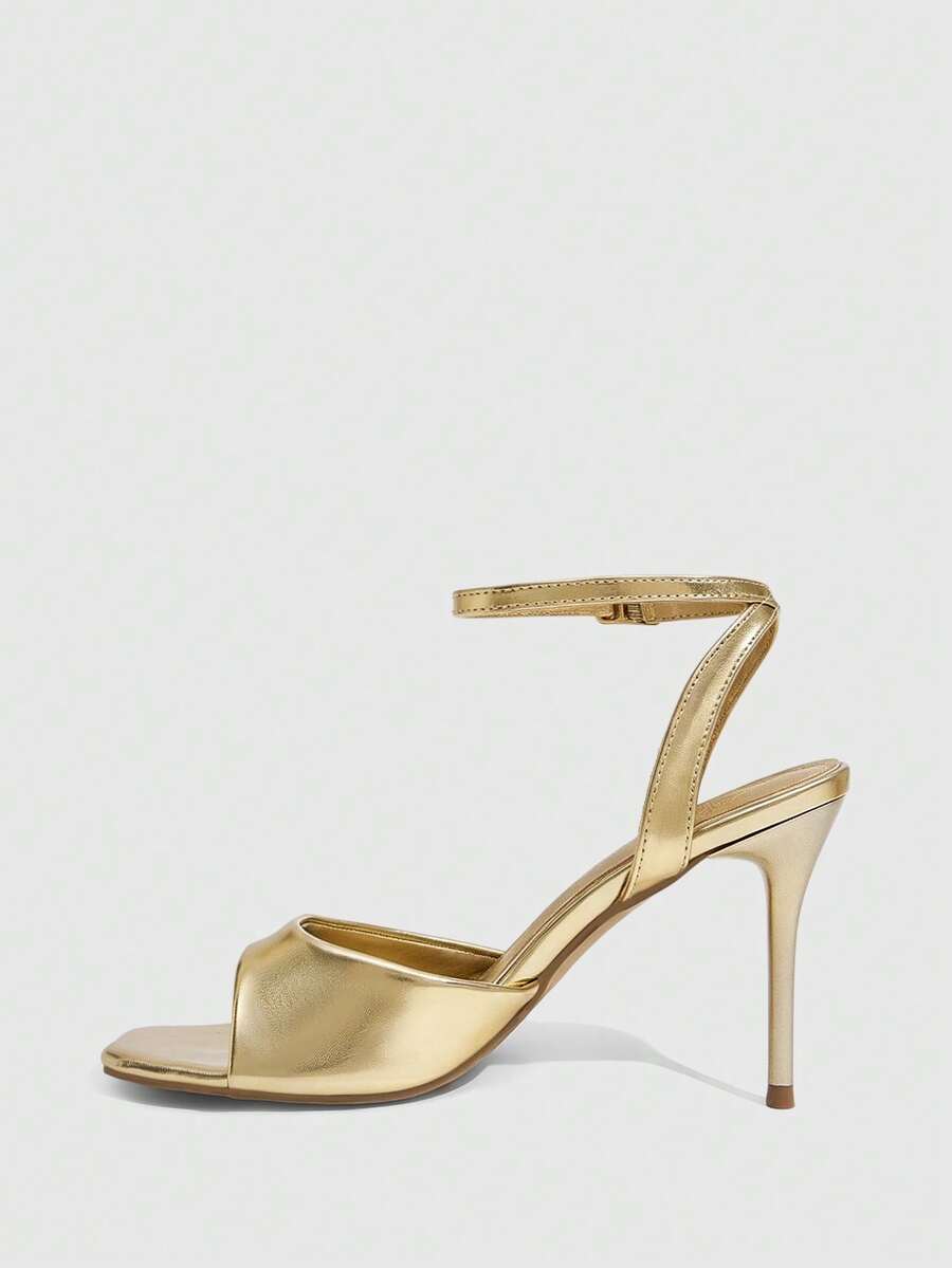 Women's square toe stiletto high heel sandals featuring an open toe design and ankle strap buckle closure.
