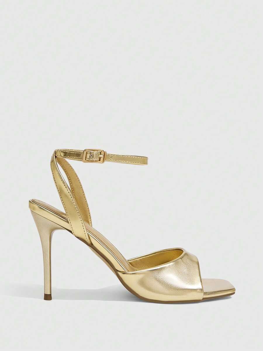 Women's square toe stiletto high heel sandals featuring an open toe design and ankle strap buckle closure.