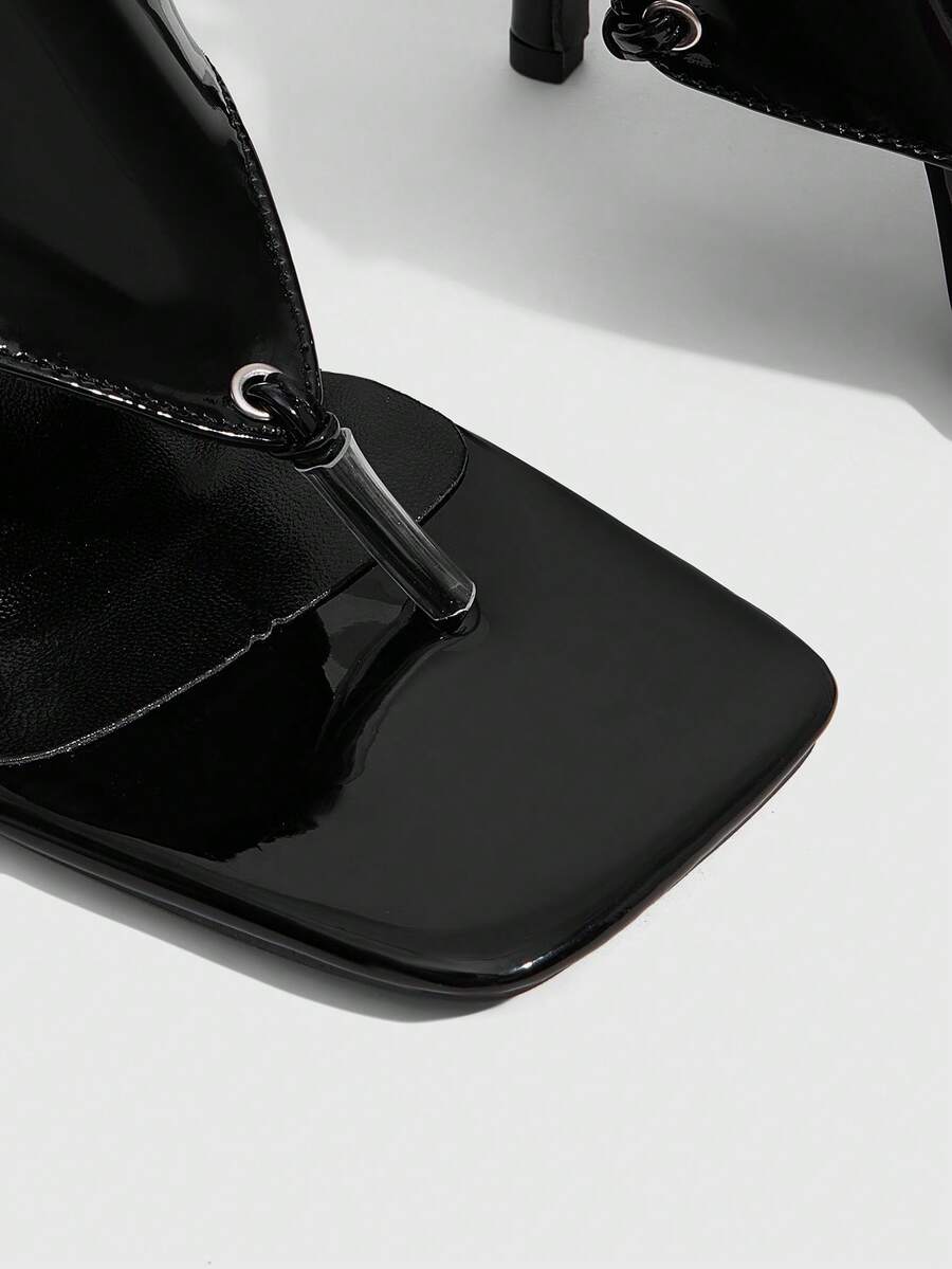 Square toe open-toed high-heeled boots sandals in smooth PU leather with sleeve design and stiletto heels