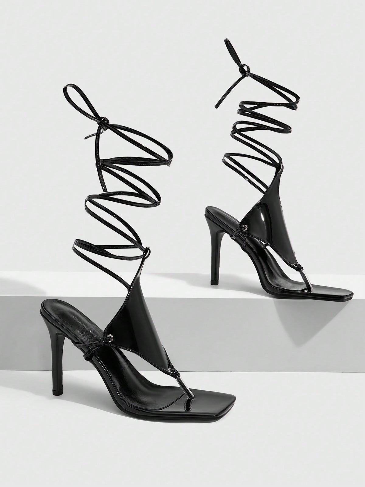Square toe open-toed high-heeled boots sandals in smooth PU leather with sleeve design and stiletto heels