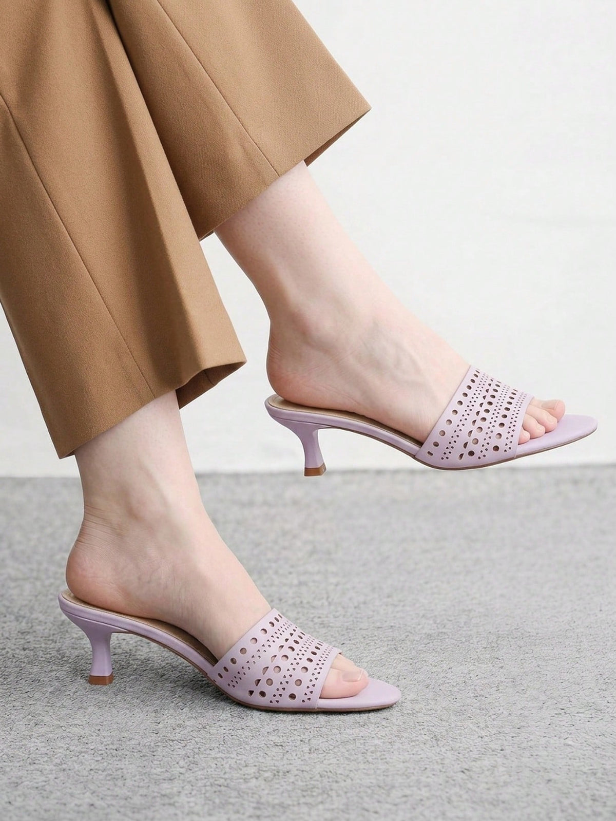 Women's slip on kitten heel mules and open toe heeled sandals in apricot