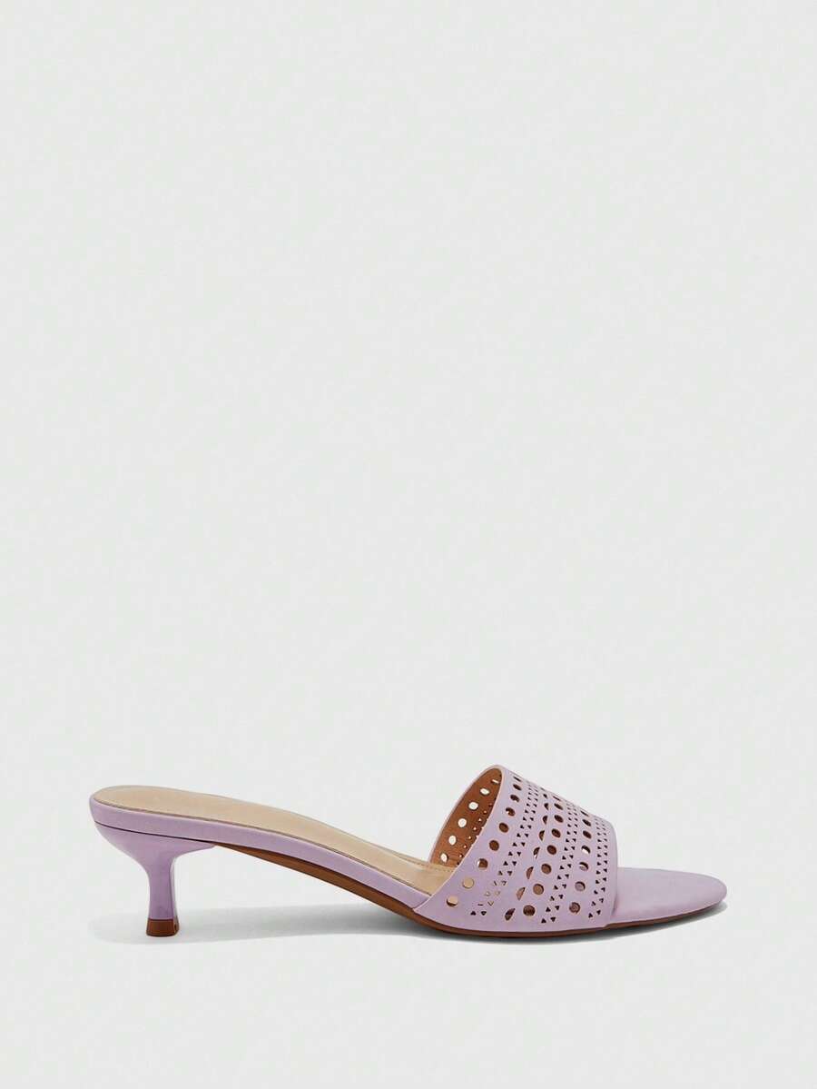 Women's slip on kitten heel mules and open toe heeled sandals in apricot