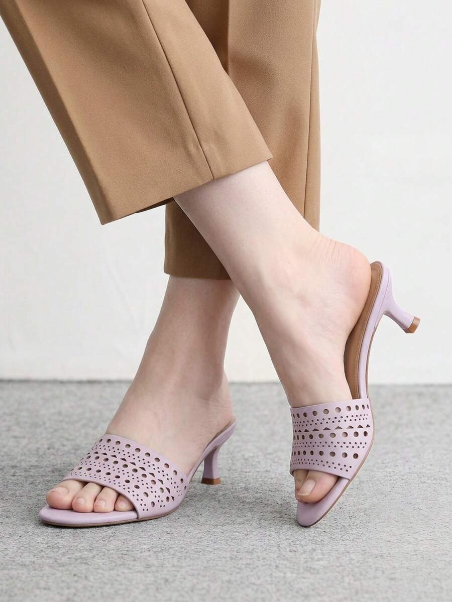 Women's slip on kitten heel mules and open toe heeled sandals in apricot