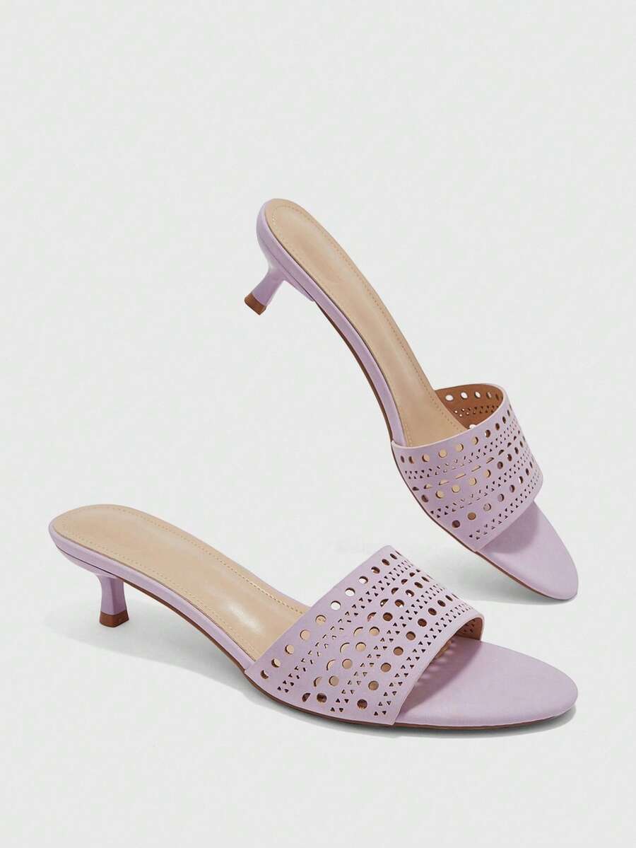 Women's slip on kitten heel mules and open toe heeled sandals in apricot