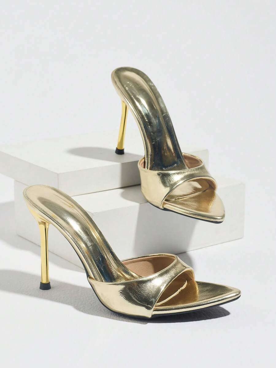 Women's coffee brown high heel mule shoes featuring a glossy mirror finish, open toe design, and sleek stiletto heel.
