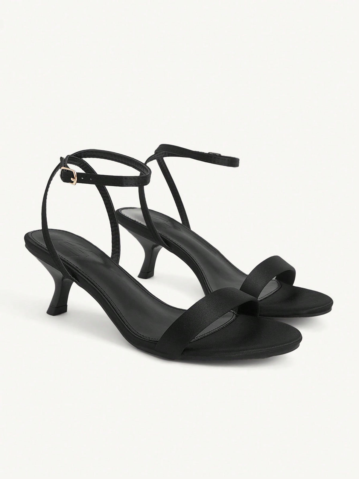 Women's open-toed high-heeled sandals featuring a 5.5cm kitten heel stiletto, sleek ankle strap with buckle closure, and smooth PU leather finish.
