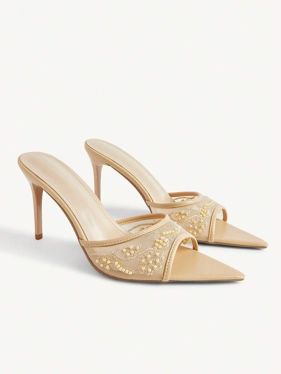 Pointed toe rhinestone high heel party sandals for women with stiletto heel and satin upper