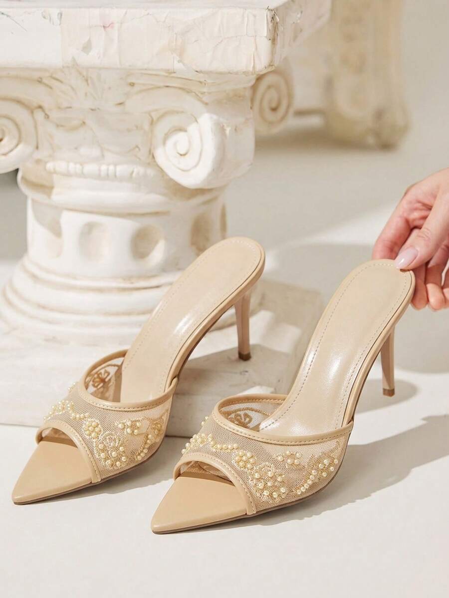 Pointed toe rhinestone high heel party sandals for women with stiletto heel and satin upper