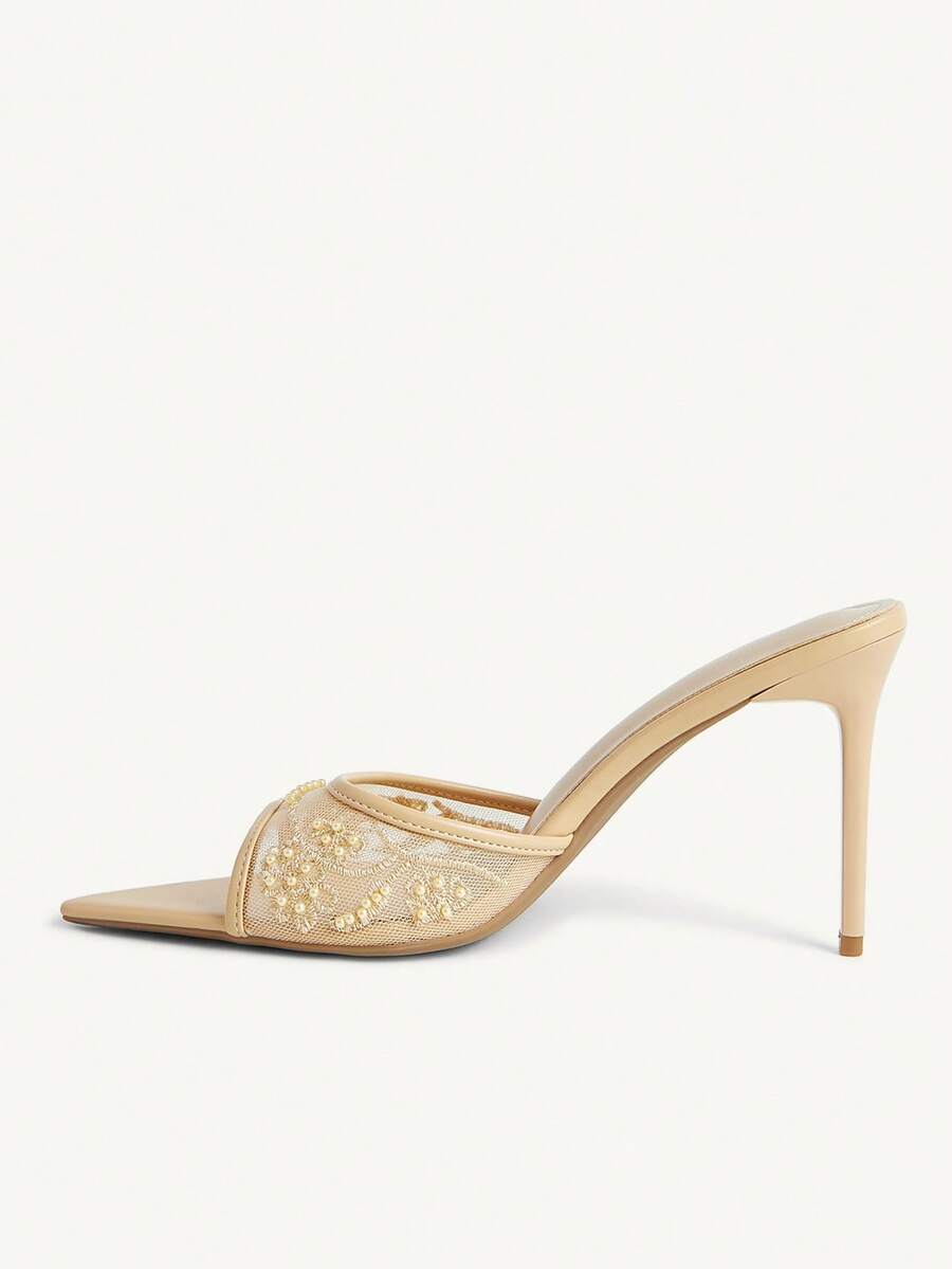 Pointed toe rhinestone high heel party sandals for women with stiletto heel and satin upper