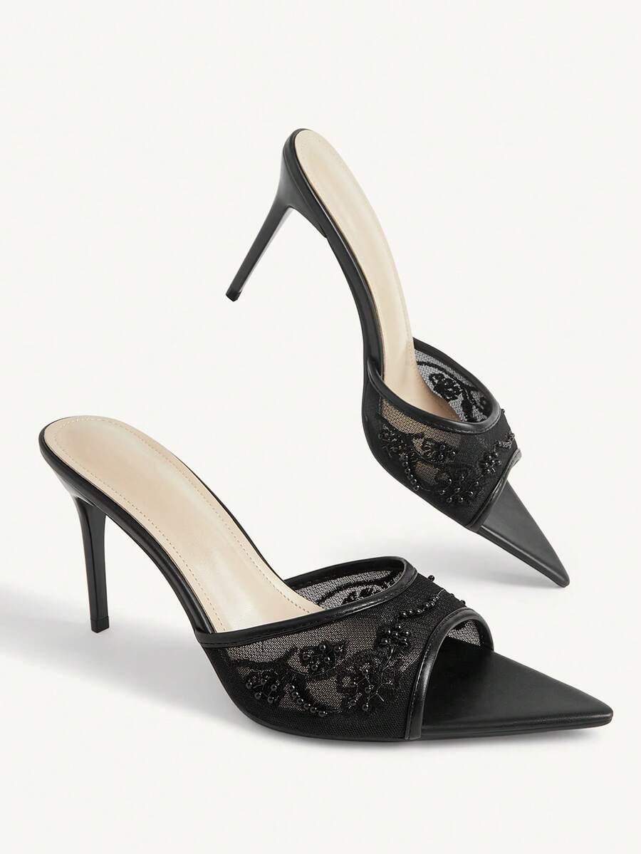 Pointed toe rhinestone high heel party sandals for women with stiletto heel and satin upper