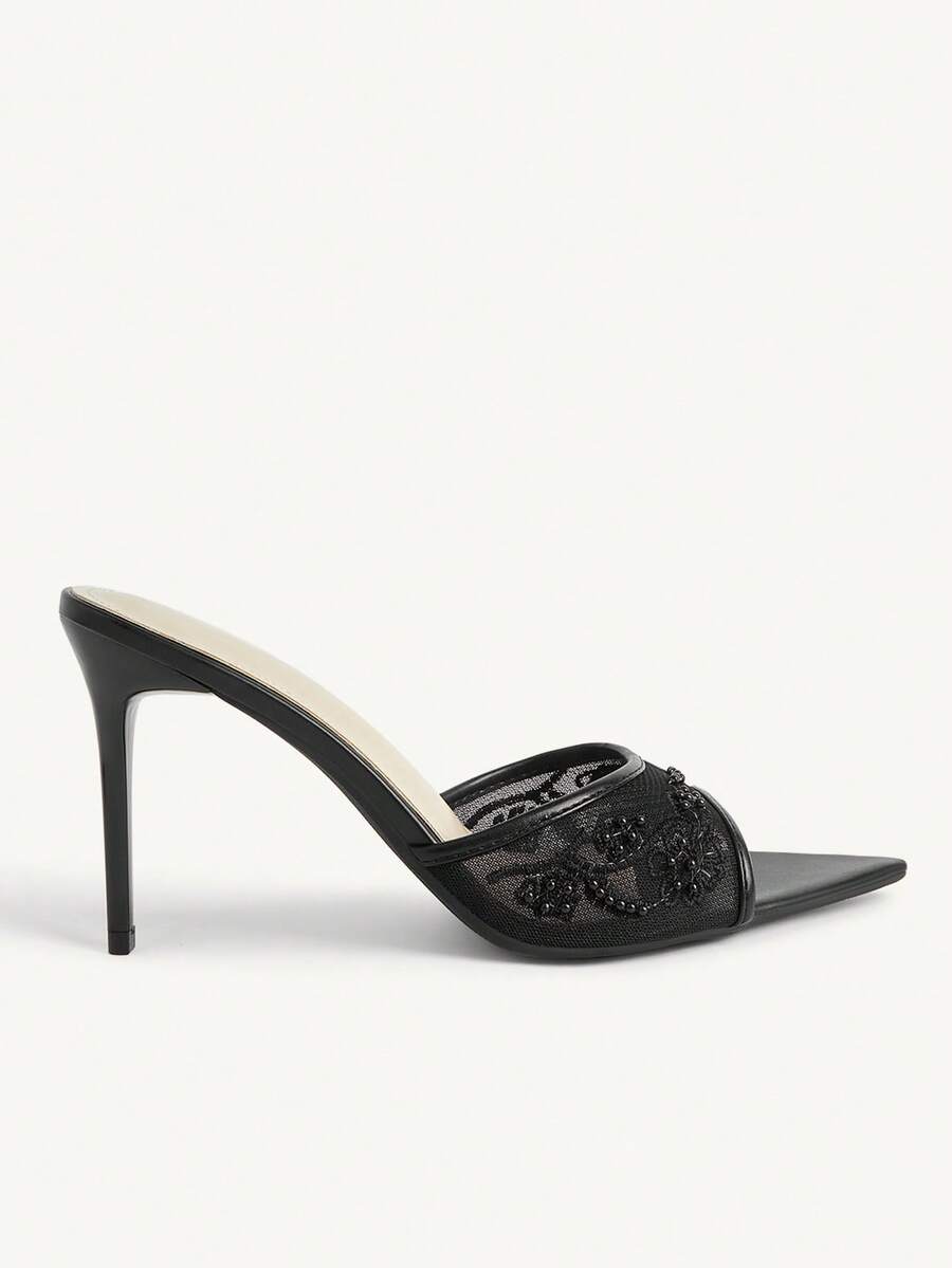 Pointed toe rhinestone high heel party sandals for women with stiletto heel and satin upper