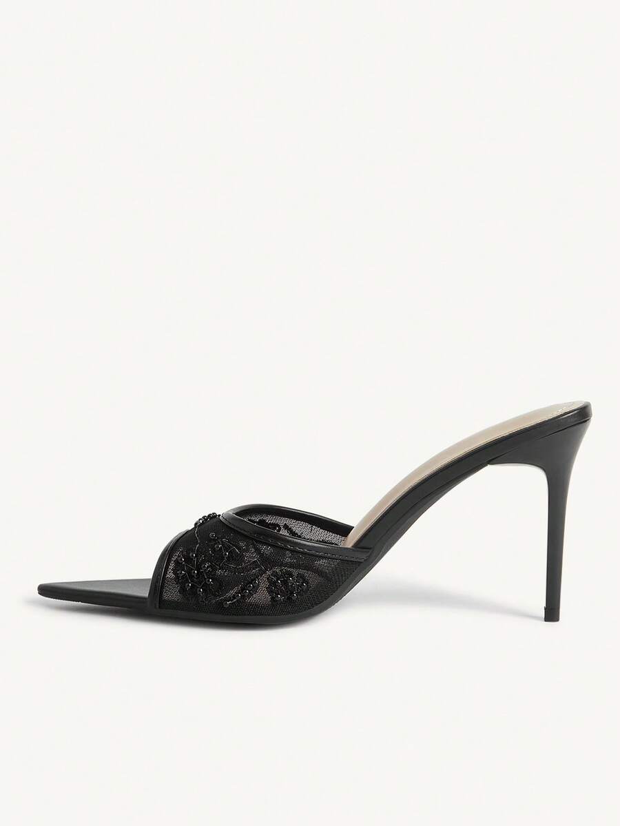 Pointed toe rhinestone high heel party sandals for women with stiletto heel and satin upper