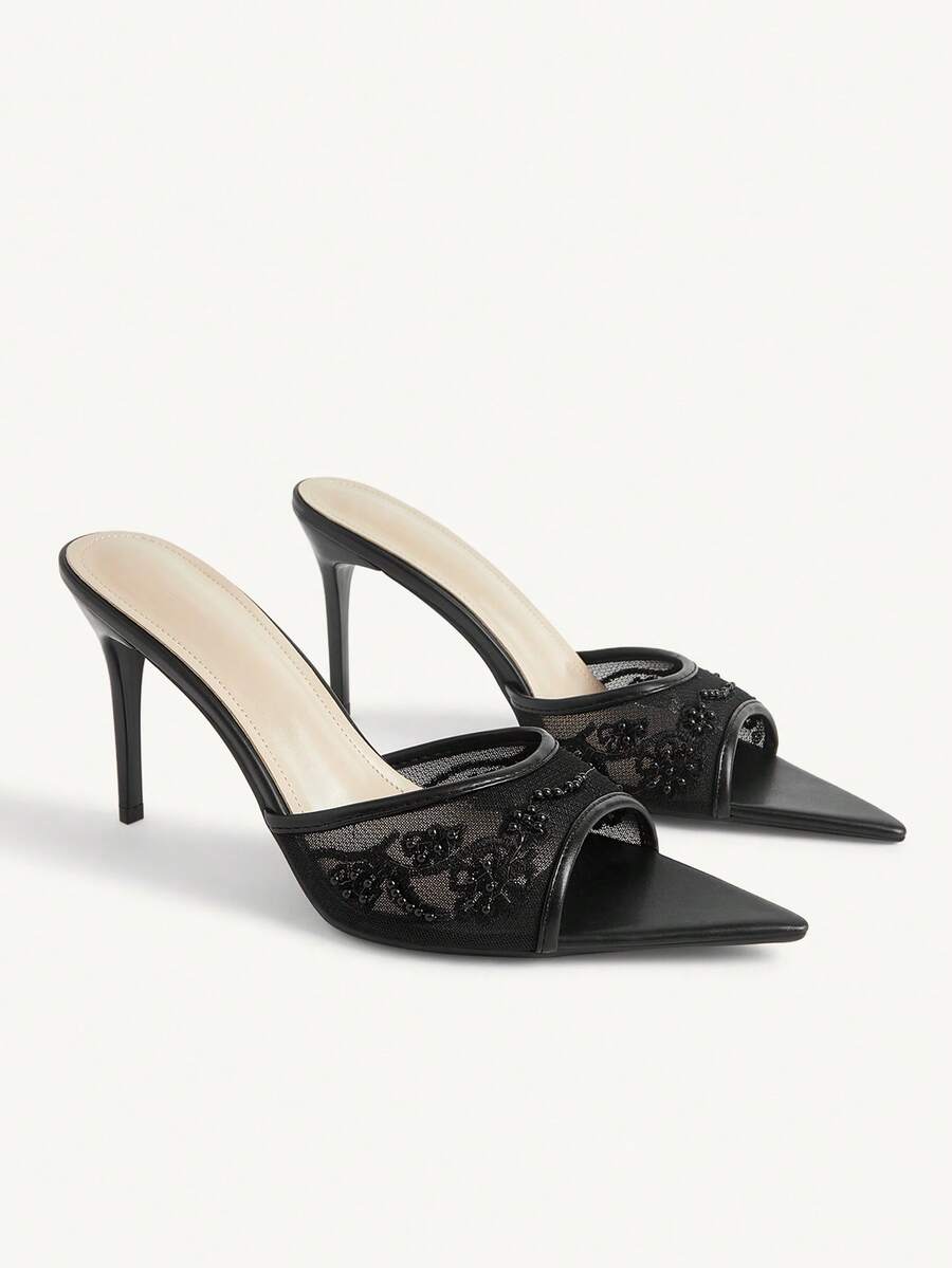 Pointed toe rhinestone high heel party sandals for women with stiletto heel and satin upper