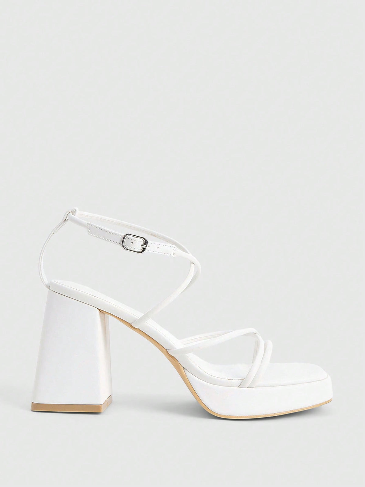 Women's high-heeled sandals with textured pattern, open toe design, chunky heel, and adjustable ankle buckle strap.