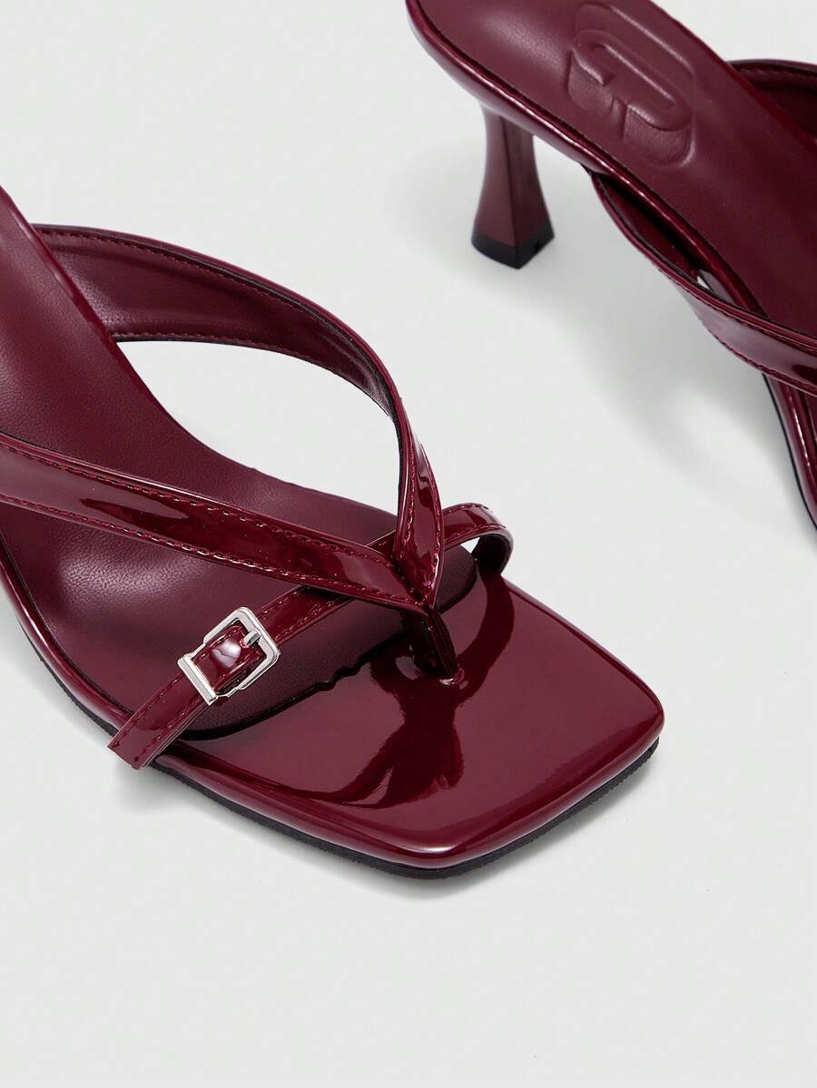 Burgundy square toe kitten heel flip-flops sandals with buckle slingback strap for women