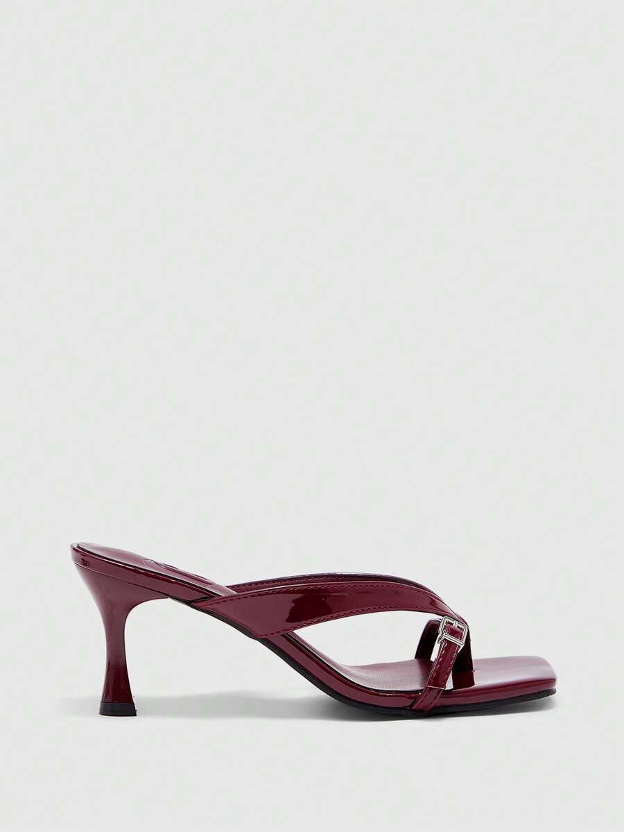 Burgundy square toe kitten heel flip-flops sandals with buckle slingback strap for women