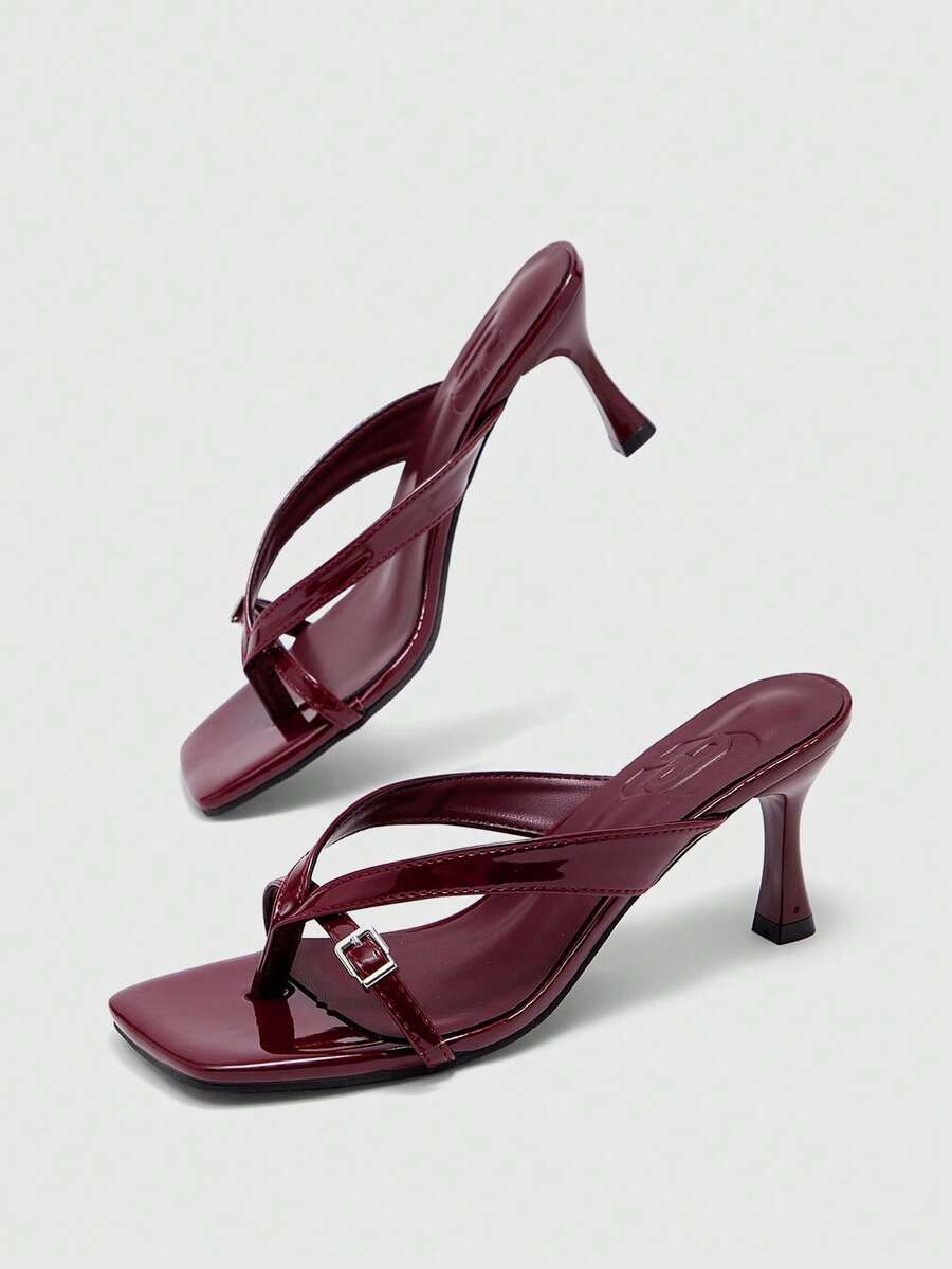 Burgundy square toe kitten heel flip-flops sandals with buckle slingback strap for women