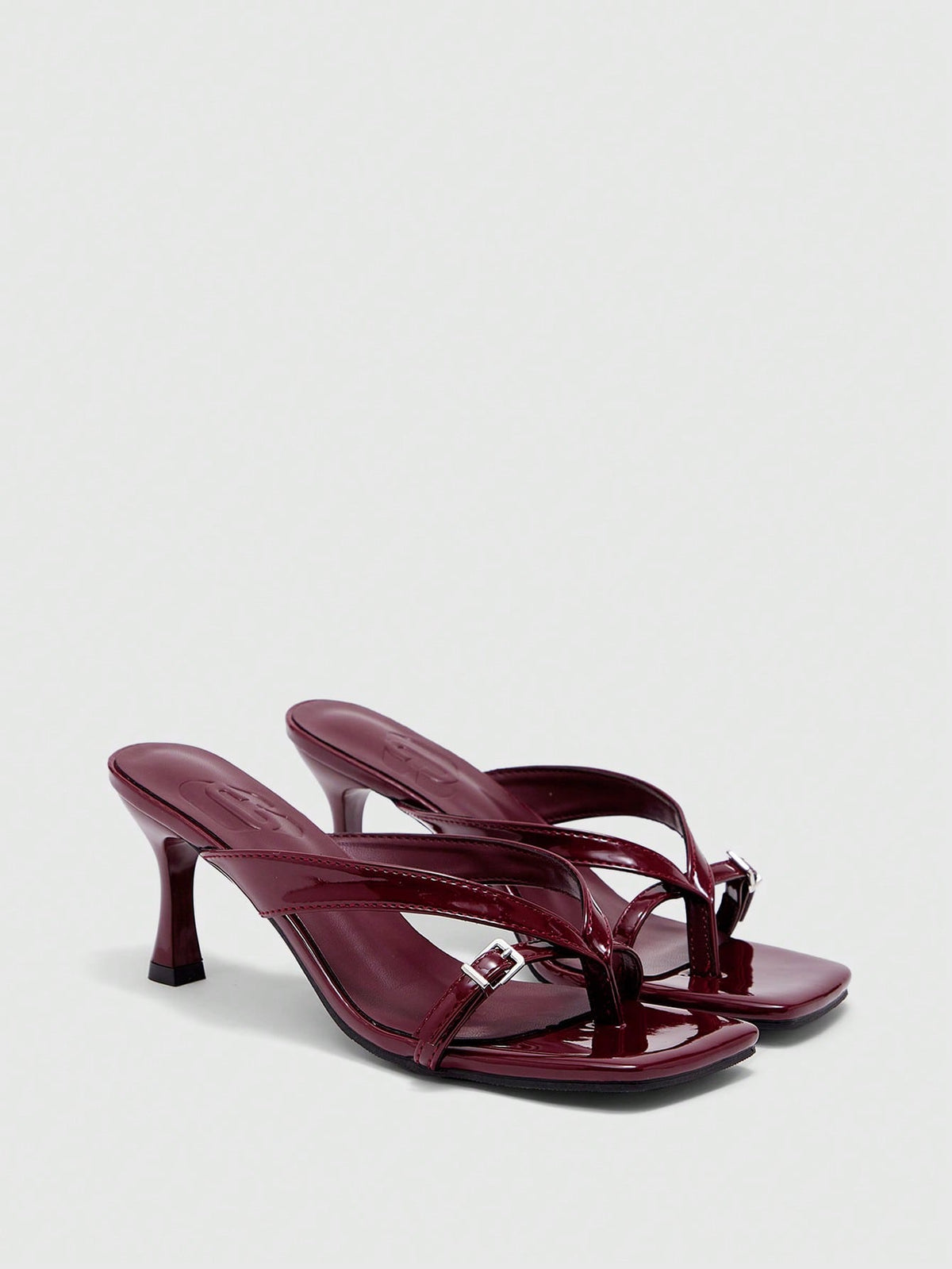 Burgundy square toe kitten heel flip-flops sandals with buckle slingback strap for women