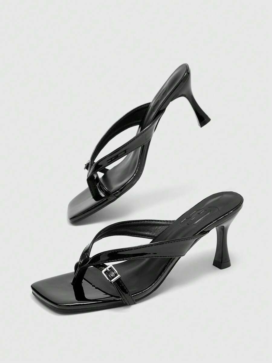 Burgundy square toe kitten heel flip-flops sandals with buckle slingback strap for women