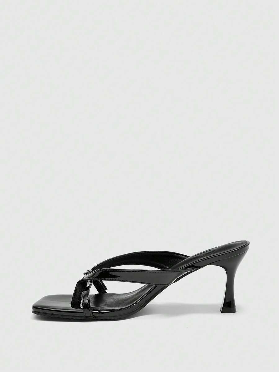 Burgundy square toe kitten heel flip-flops sandals with buckle slingback strap for women