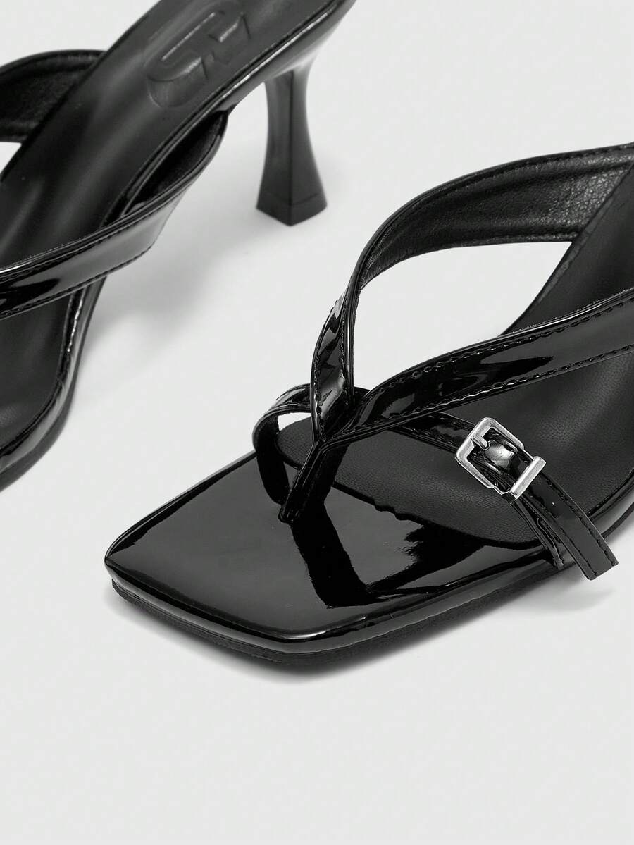 Burgundy square toe kitten heel flip-flops sandals with buckle slingback strap for women