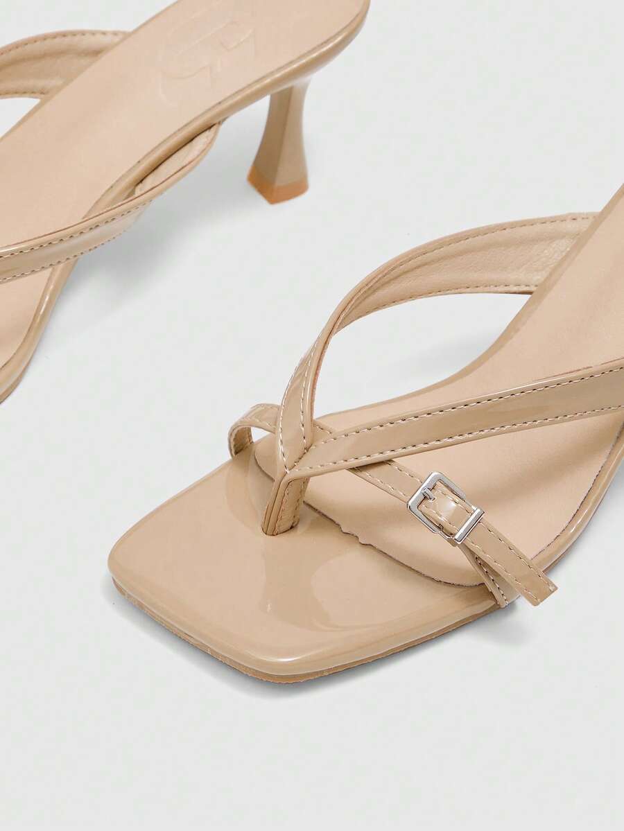 Burgundy square toe kitten heel flip-flops sandals with buckle slingback strap for women