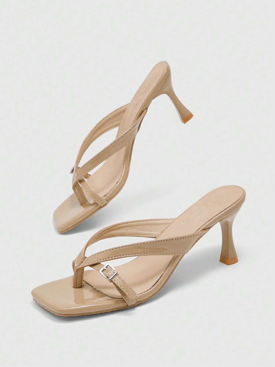 Burgundy square toe kitten heel flip-flops sandals with buckle slingback strap for women