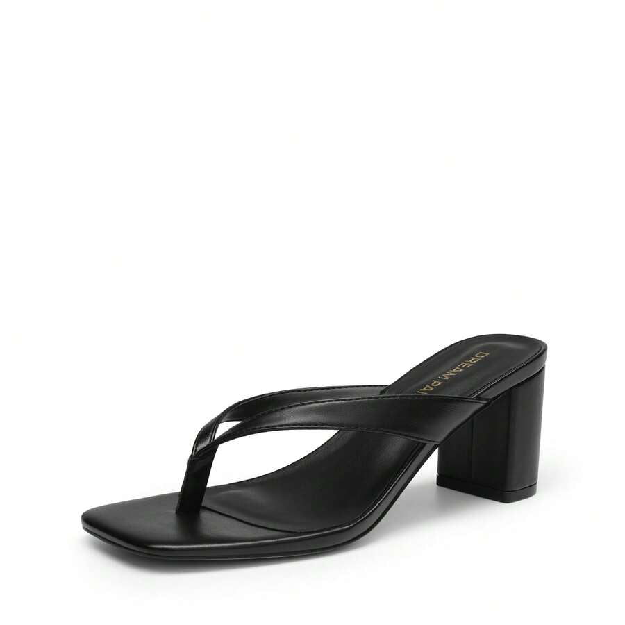 Women's chunky low heel thong sandals featuring a square open toe and slip-on flip-flop strap design