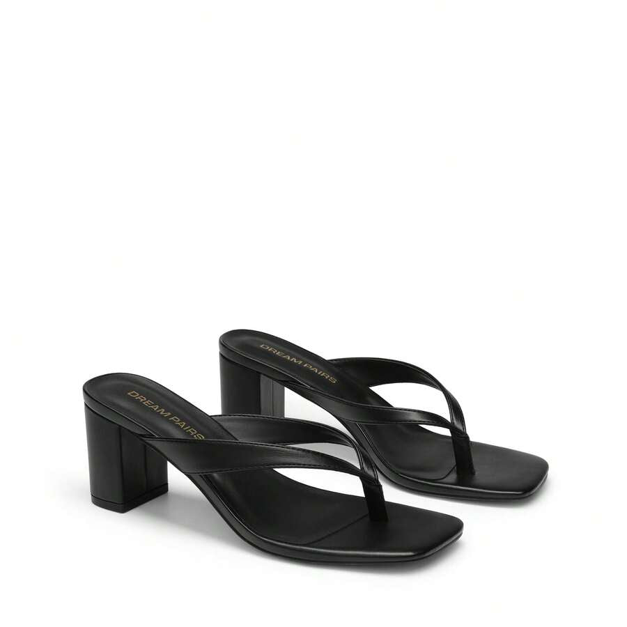 Women's chunky low heel thong sandals featuring a square open toe and slip-on flip-flop strap design