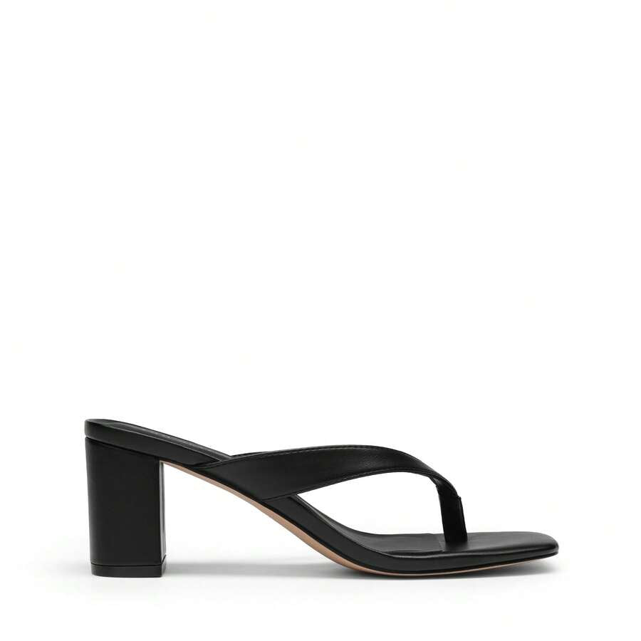 Women's chunky low heel thong sandals featuring a square open toe and slip-on flip-flop strap design