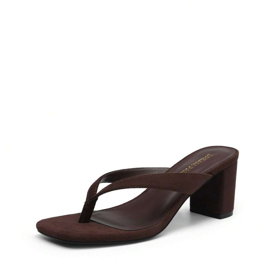 Women's chunky low heel thong sandals featuring a square open toe and slip-on flip-flop strap design