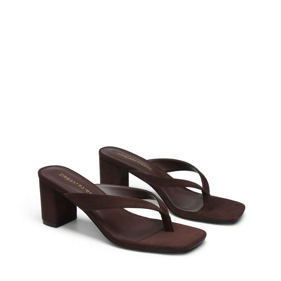Women's chunky low heel thong sandals featuring a square open toe and slip-on flip-flop strap design