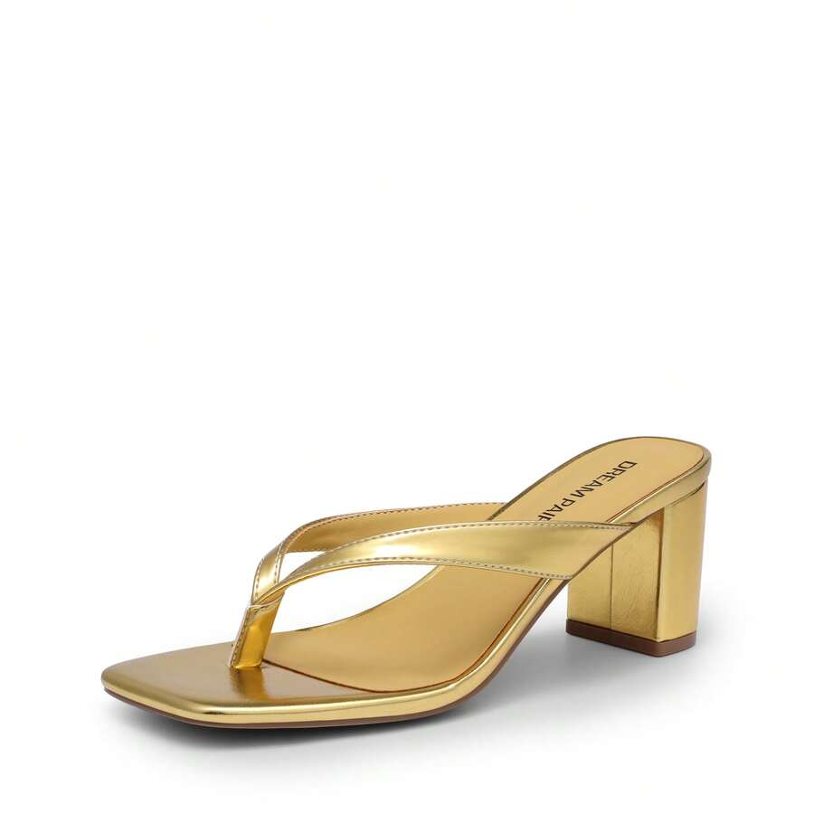 Women's chunky low heel thong sandals featuring a square open toe and slip-on flip-flop strap design